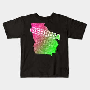 Colorful mandala art map of Georgia with text in pink and green Kids T-Shirt